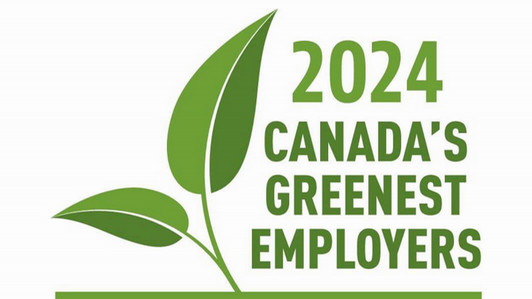 Canada's Greenest Employer 2024 logo in green and white with a leaf.