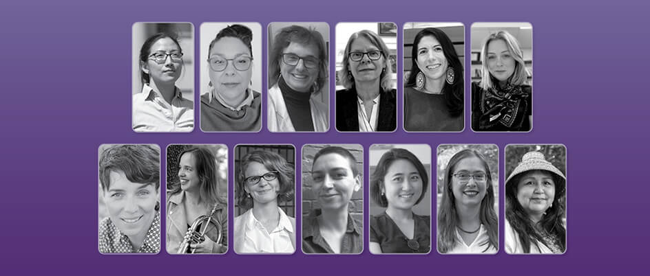 Grid of 13 experts on International Women's Day against a purple background.